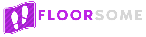 Logo of 'FLOORSOME' with a purple square and text on a green background