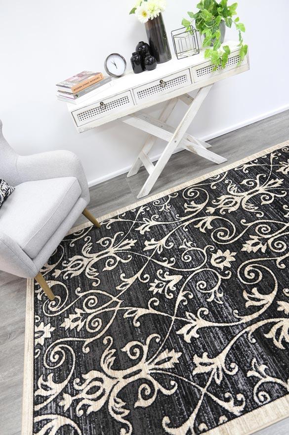 Arya Grey and Beige Ikat Abstract Vines Rug - Floorsome - Traditional - ARYA2006095BLAC - Traditional
