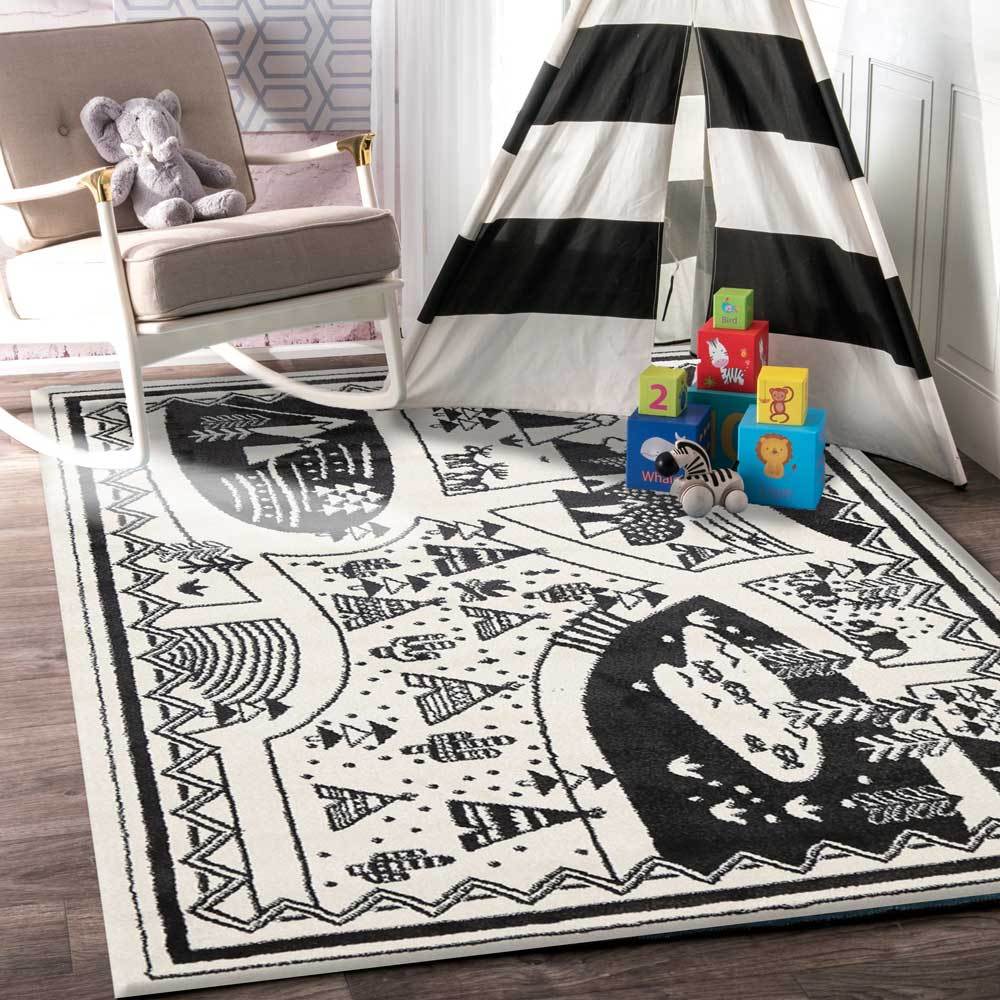 Piccolo Black and White Kids Camping Adventure Kids Rug - Floorsome - Kids - PICC12015925960 - Kids
