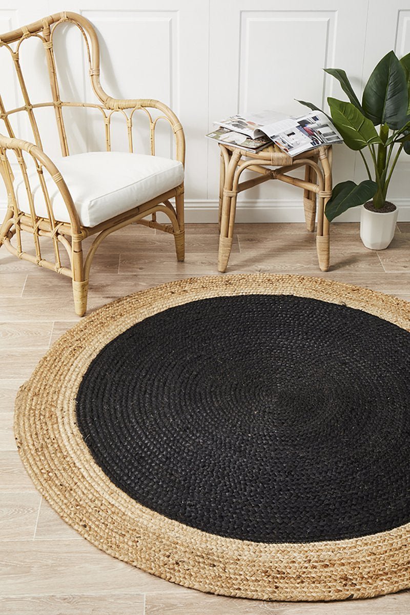 Round Jute Natural Rug Black - Floorsome - Natural - ATR - POLO - BLA - 120X120 - Natural