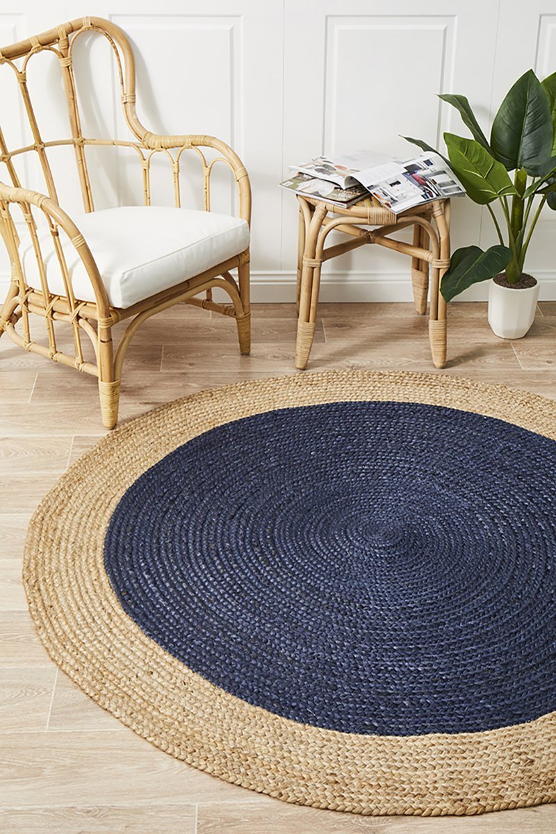 Round Jute Natural Rug Navy - Floorsome - Flatweave - ATR - POLO - NAVY - 120X120 - Flatweave