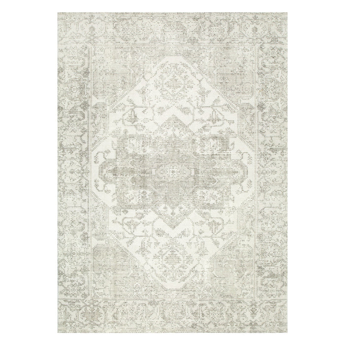 Cloud Distressed Medallion Cream Beige Washable Rug