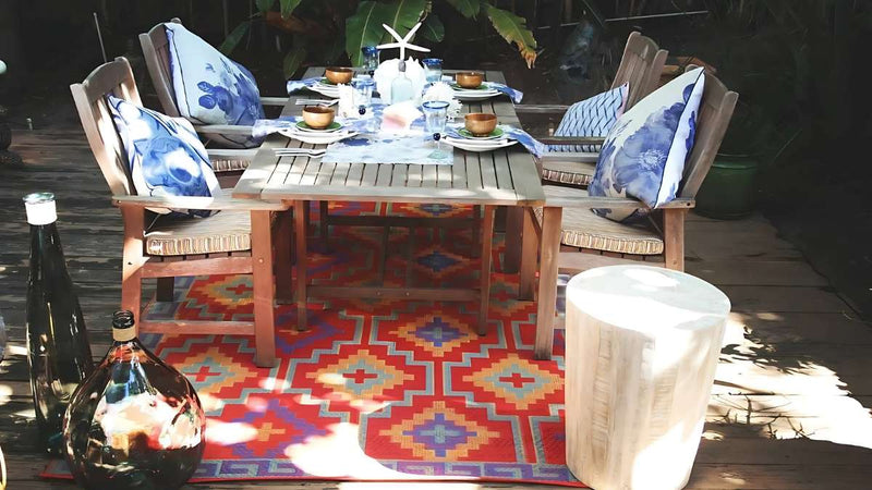 Recycled plastic outdoor rug on an Australian deck