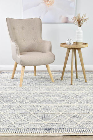 Albona Blue White Wool Rug - Floorsome - FLATWEAVE