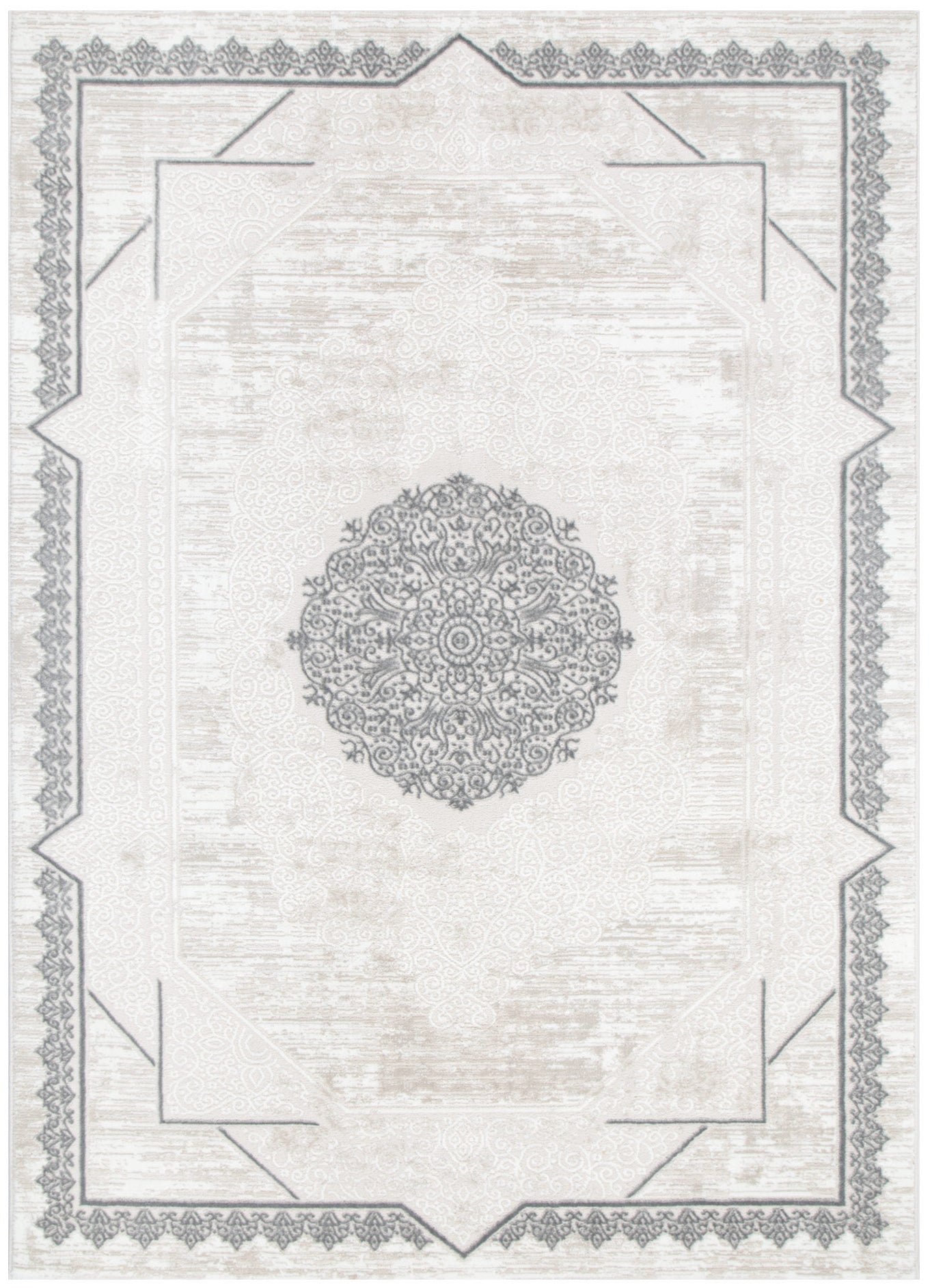 Amalfi Oriental Border Medallion Cream Grey Rug - AMAL07 - Floorsome - Area Rug