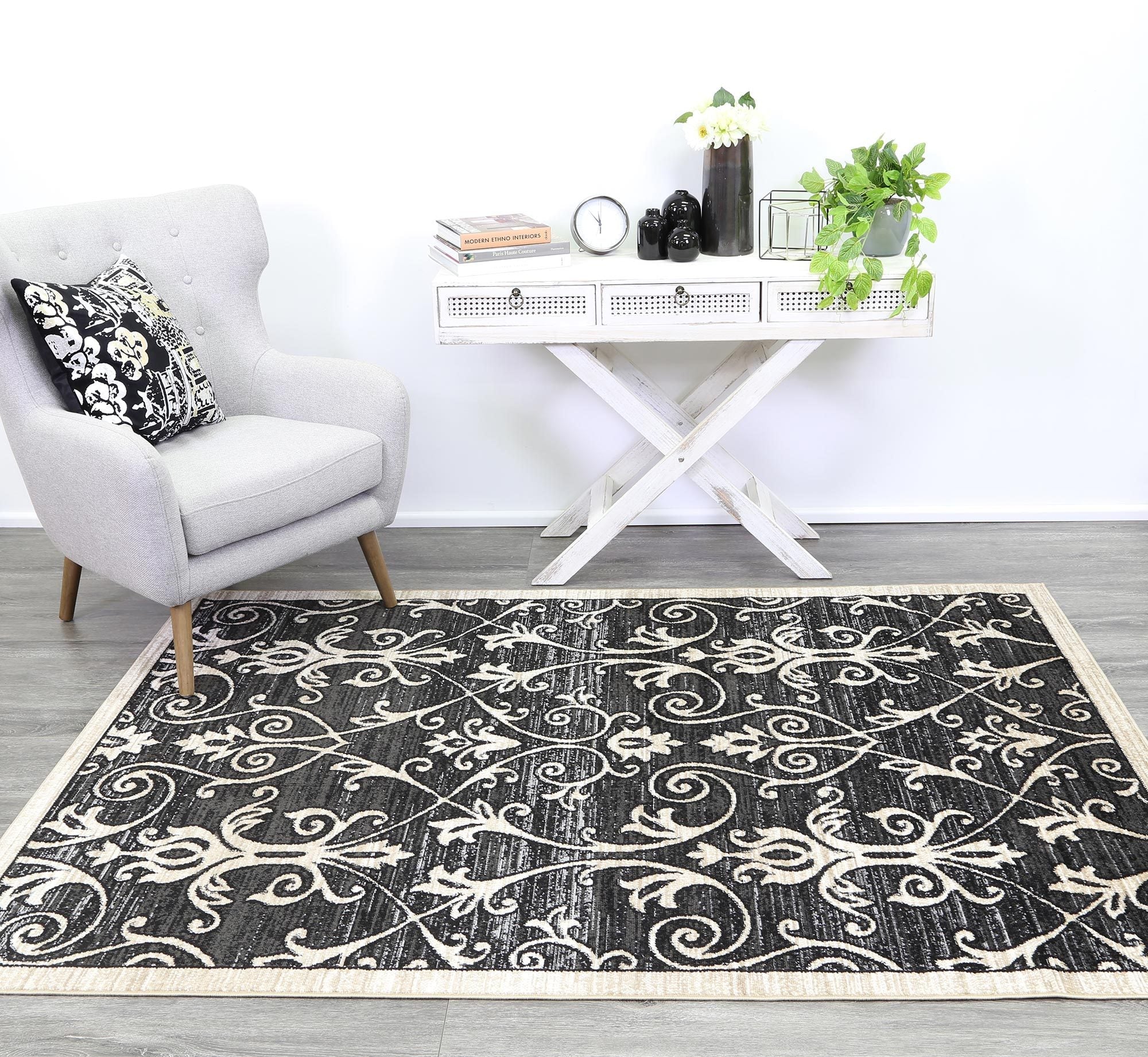 Arya Grey and Beige Ikat Abstract Vines Rug - Floorsome - Traditional - ARYA2006095BLAC - Traditional