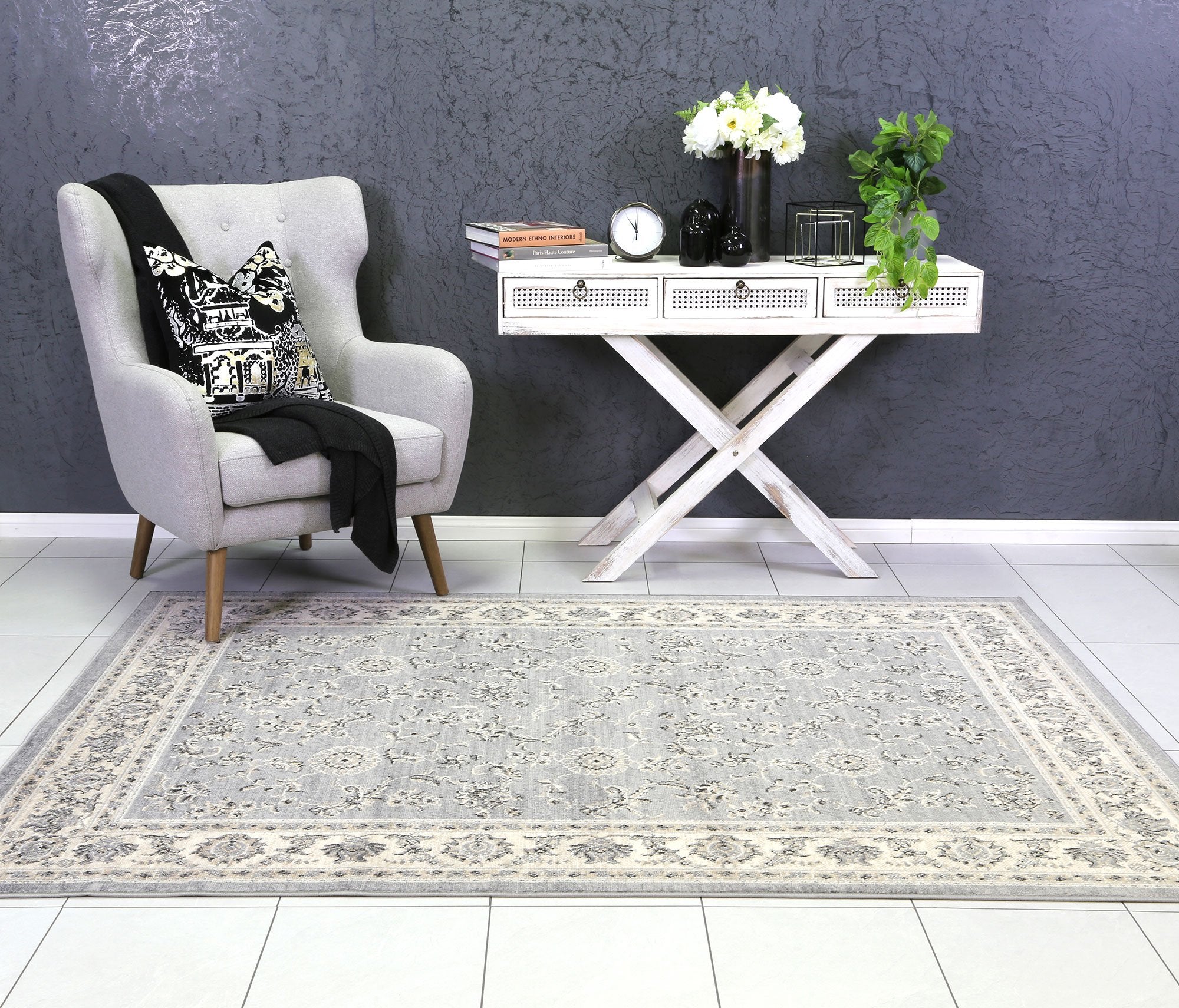 Arya Grey and Cream Traditional Border Rug - Floorsome - Traditional - ARYA1601691GREY - Traditional