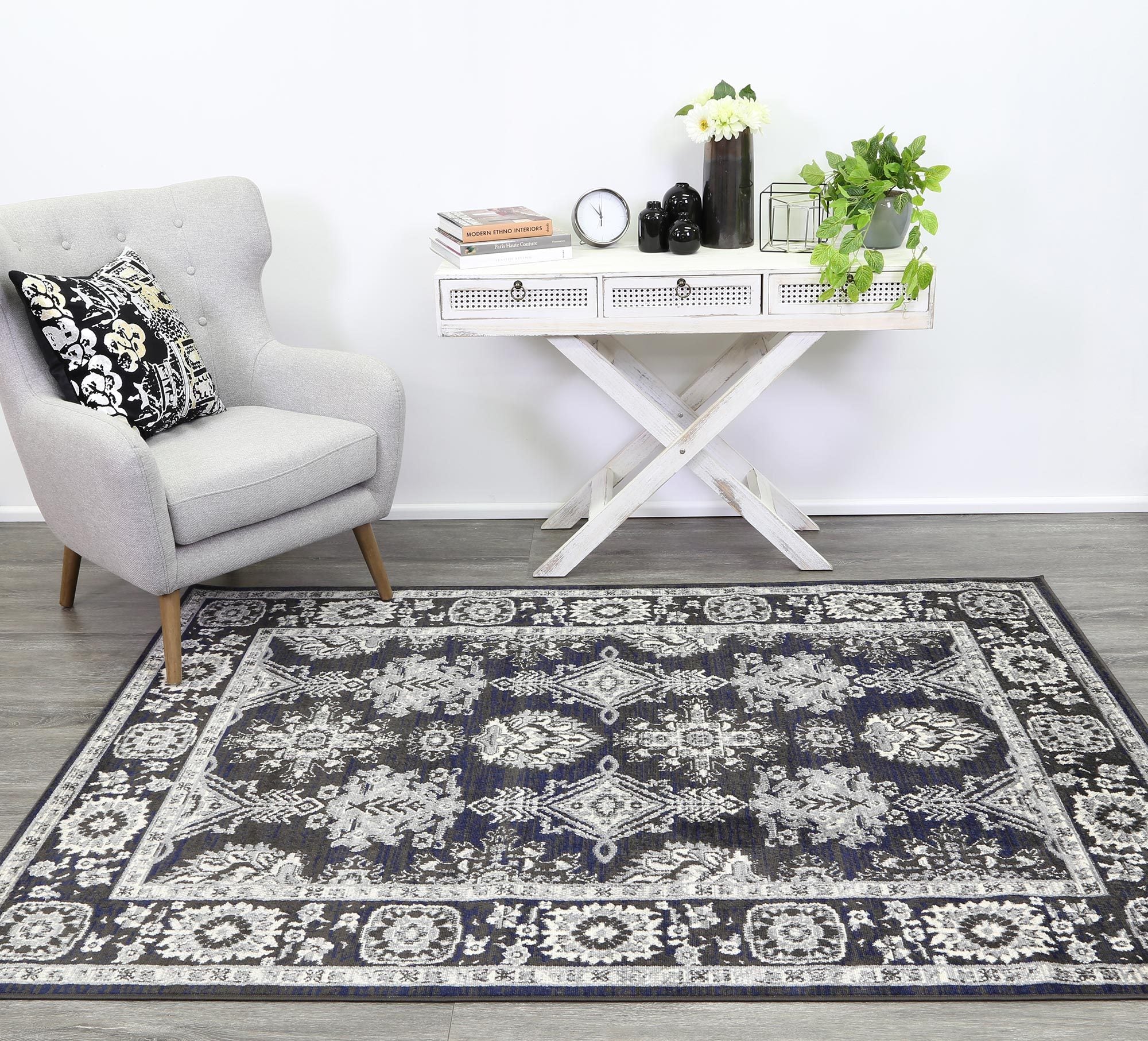Arya Navy Blue and Grey Ziegler Traditional Ikat Rug - Floorsome - Traditional - ARYA2006890NAVY - Traditional