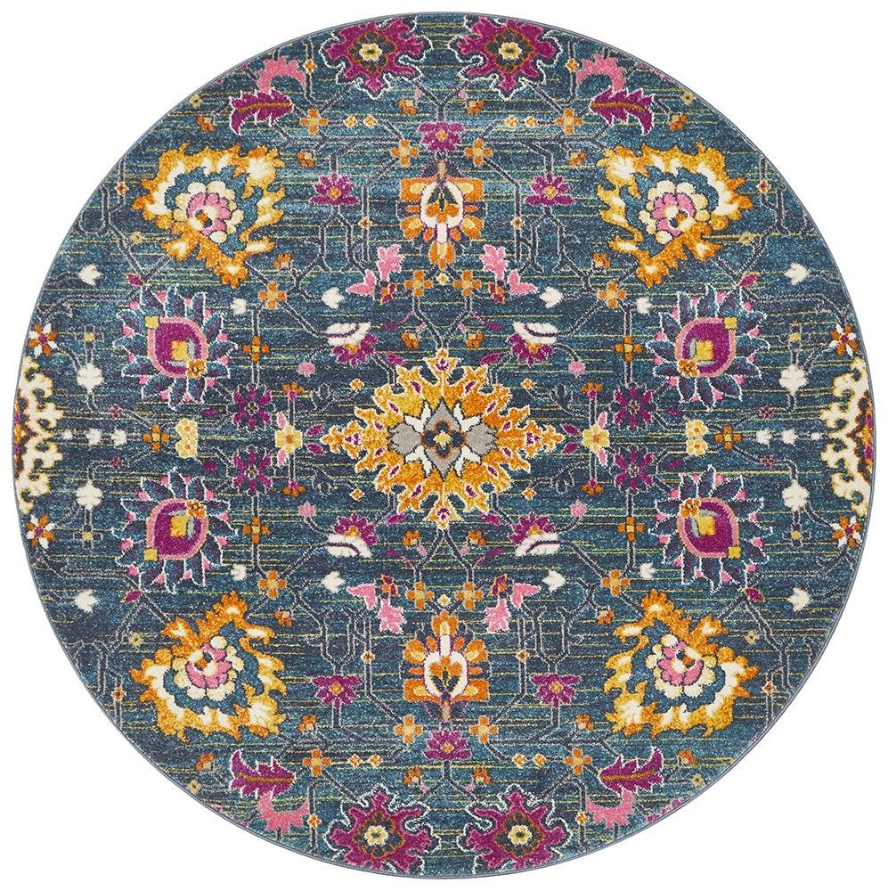 Babil Basra Bohemian Blue Round Rug - Floorsome - MODERN