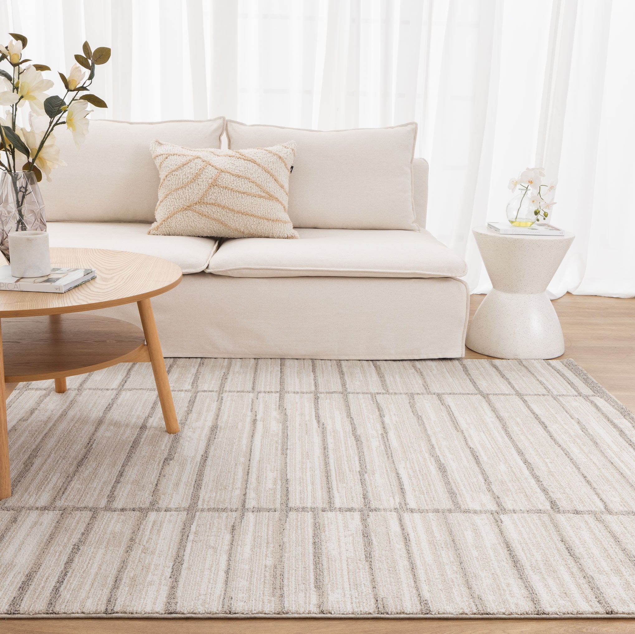 Clara Distressed Thick Lines Beige Grey Rug - Floorsome - Area Rug - CLAR160C107 - Area Rug