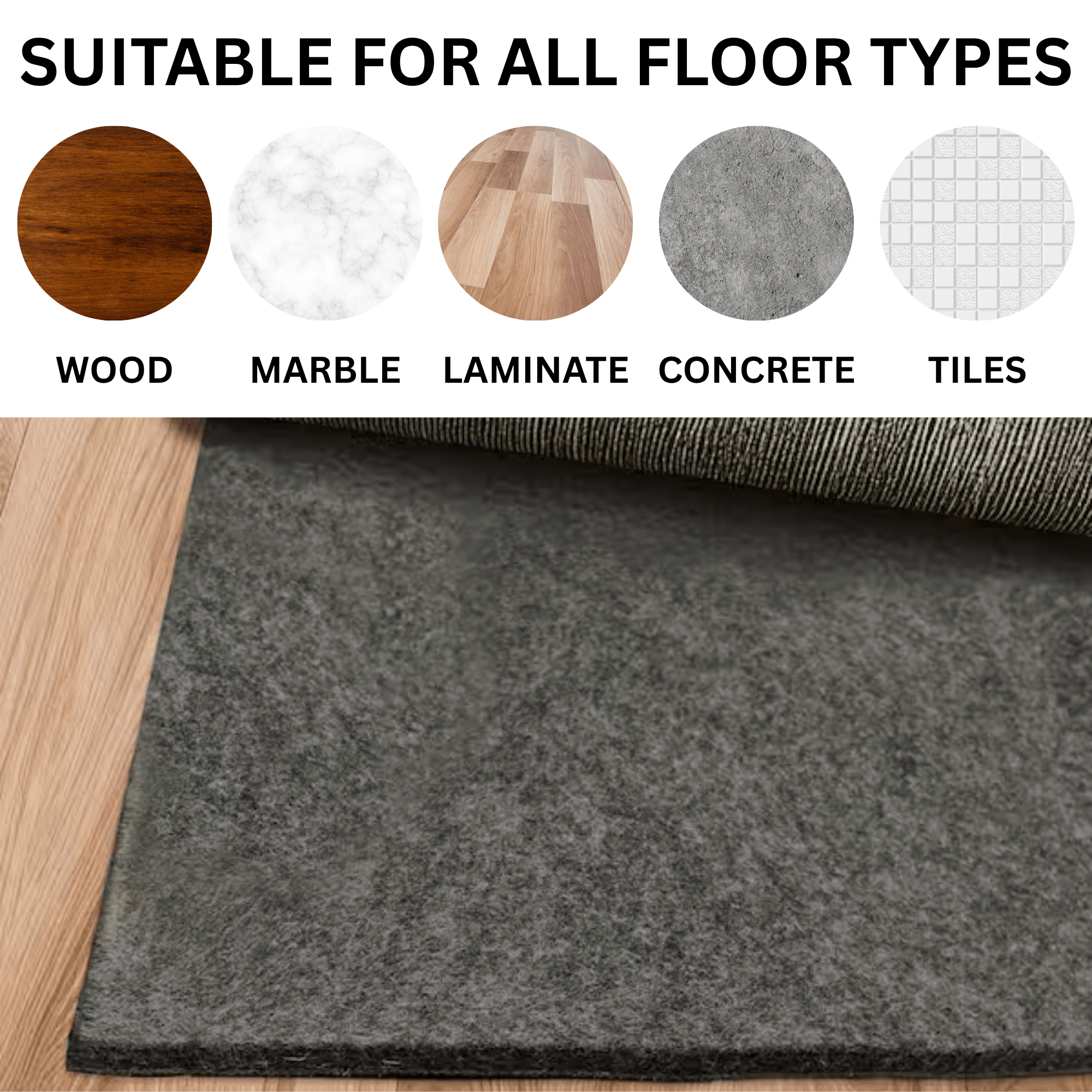 Felt Rug Underlay with Non - Slip Rubber Backing - Floorsome - Rug Underlay - FLTRBRRGP220330 - Rug Underlay