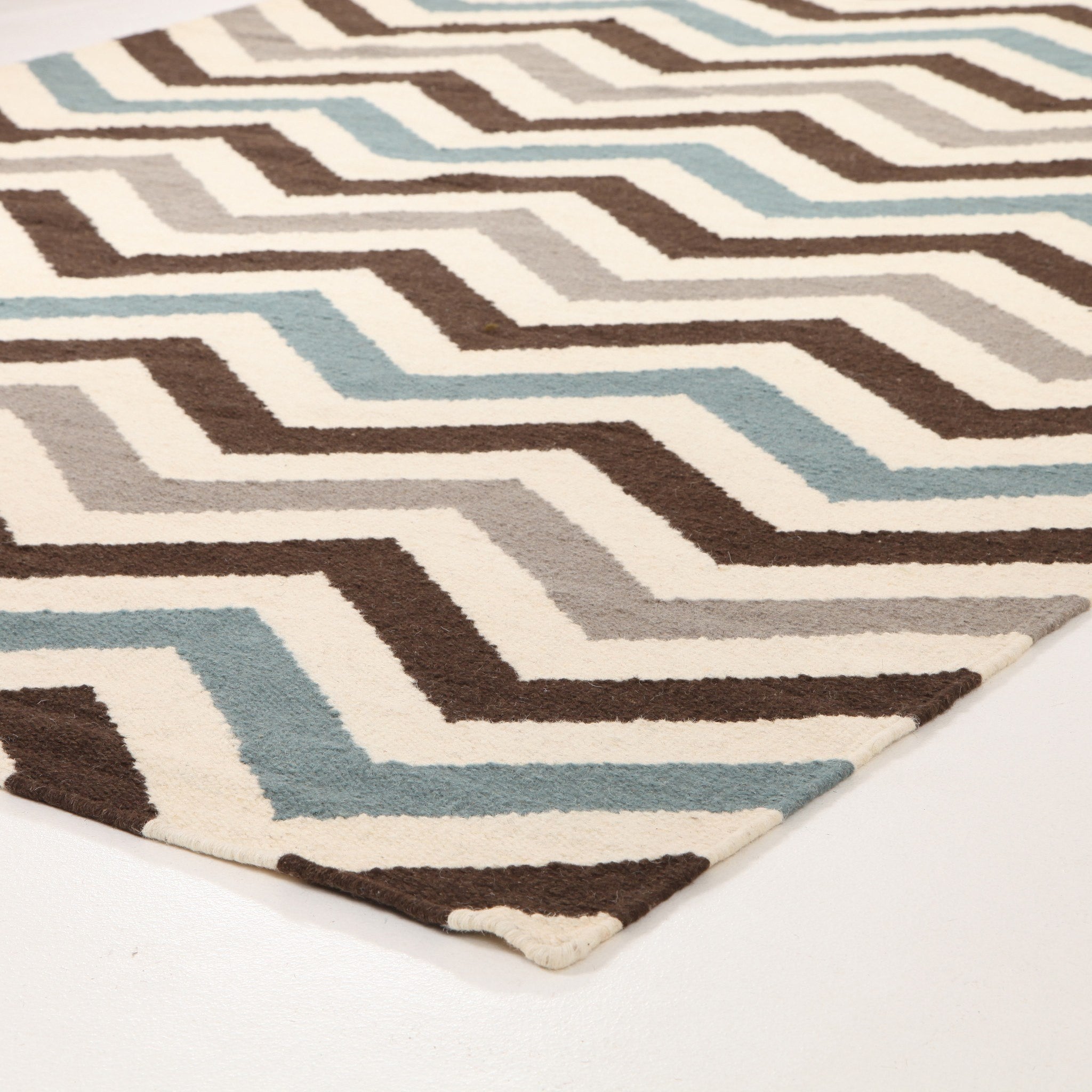 Flat Weave Chevron Design Rug Blue Brown Runner - Floorsome - Modern - NOM - 18 - BLU - 300X80 - Modern