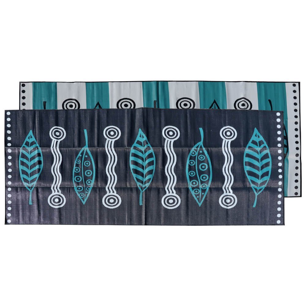 GUM LEAVES & WATERHOLES Aboriginal Design Recycled Mat, Teal, Black and Grey 5x2.4m - Floorsome - Outdoor Rugs - GKOZ08A - Outdoor Rugs