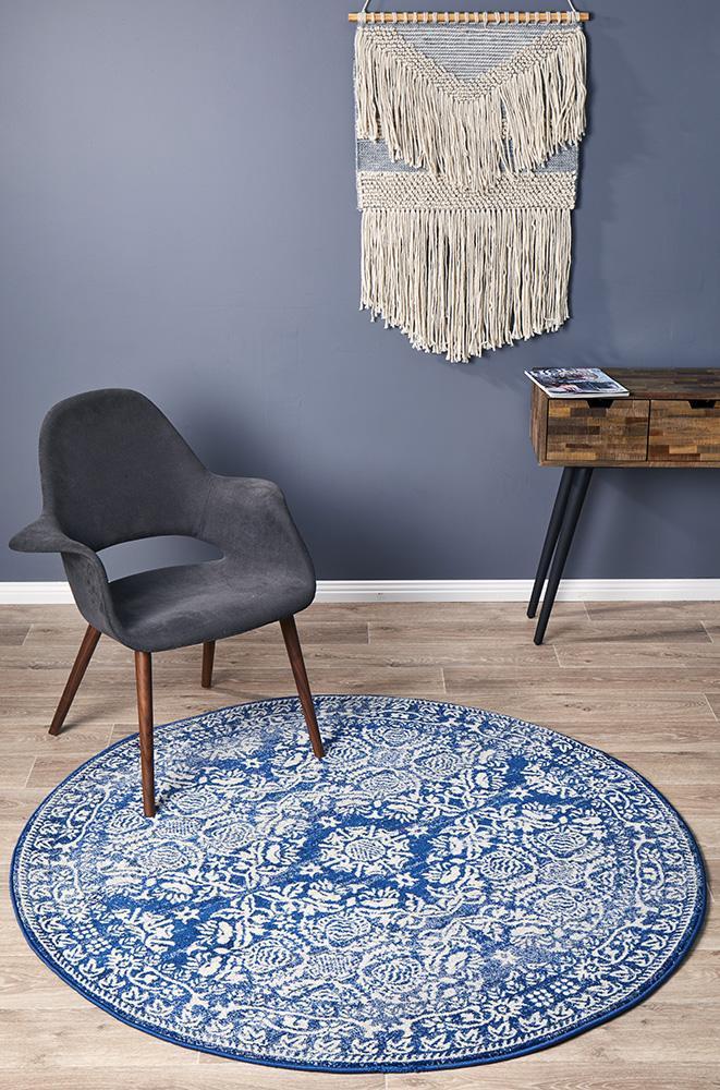 Large Navy Round Rugs Gwyneth Stunning Transitional Navy Round Rug | Floorsome