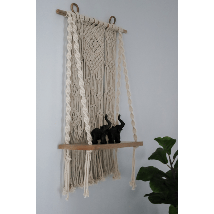 Kibber Handcrafted Macramé Wall Hanging with Wooden Shelf - Floorsome - SHELVESKIBBER00 - 