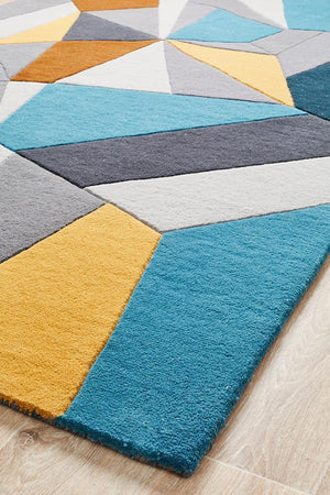Laura Designer Wool Rug Blue Yellow Grey - Floorsome - Modern