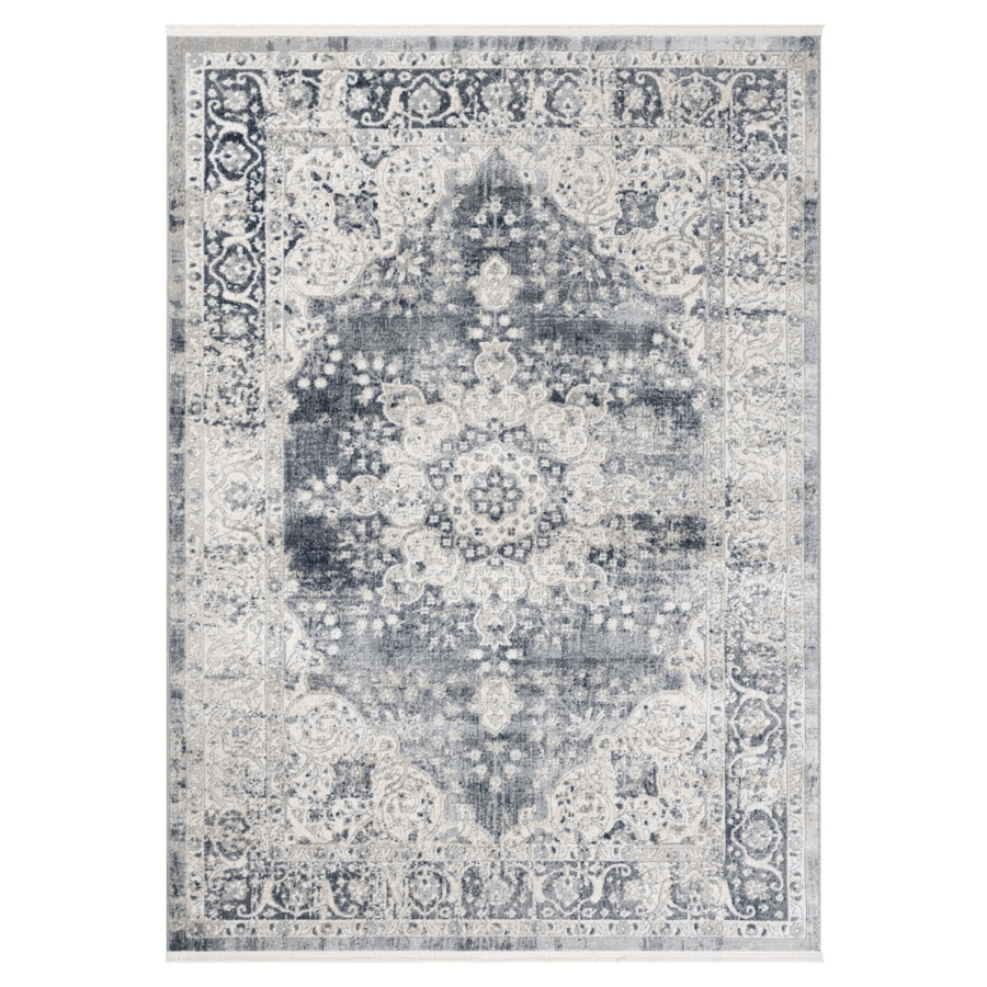 Mangan Navy and White Traditional Distressed Rug - Floorsome - Rugs