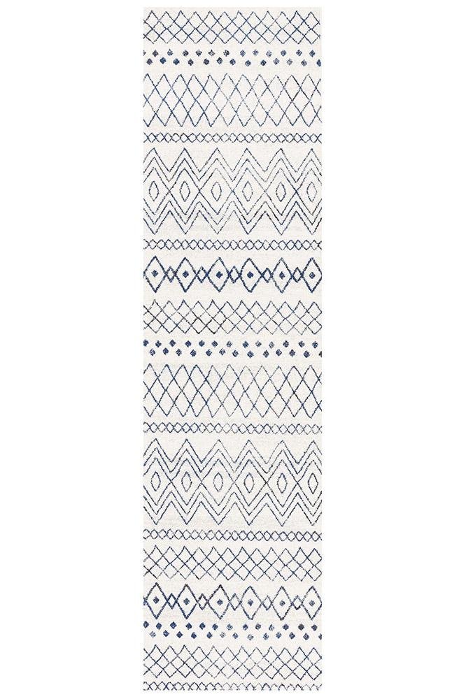 Oasis 453 White Blue Rustic Tribal Runner Rug - Floorsome - Modern - OAS - 453 - WBLU - 300X80 - Modern