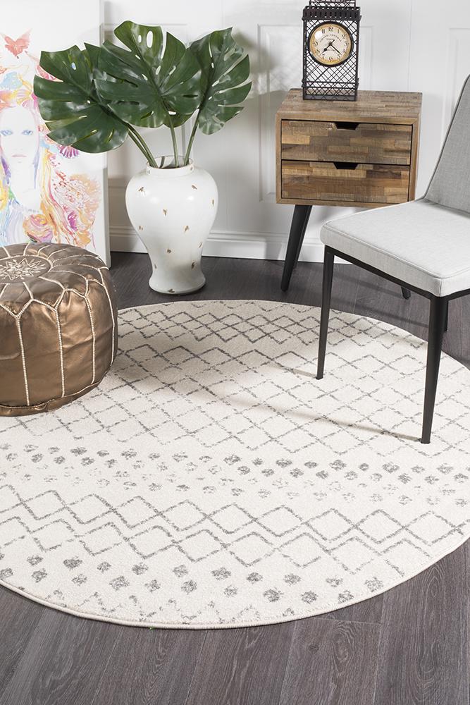 Oasis 454 White Grey Tribal Round Rug - Floorsome - Modern