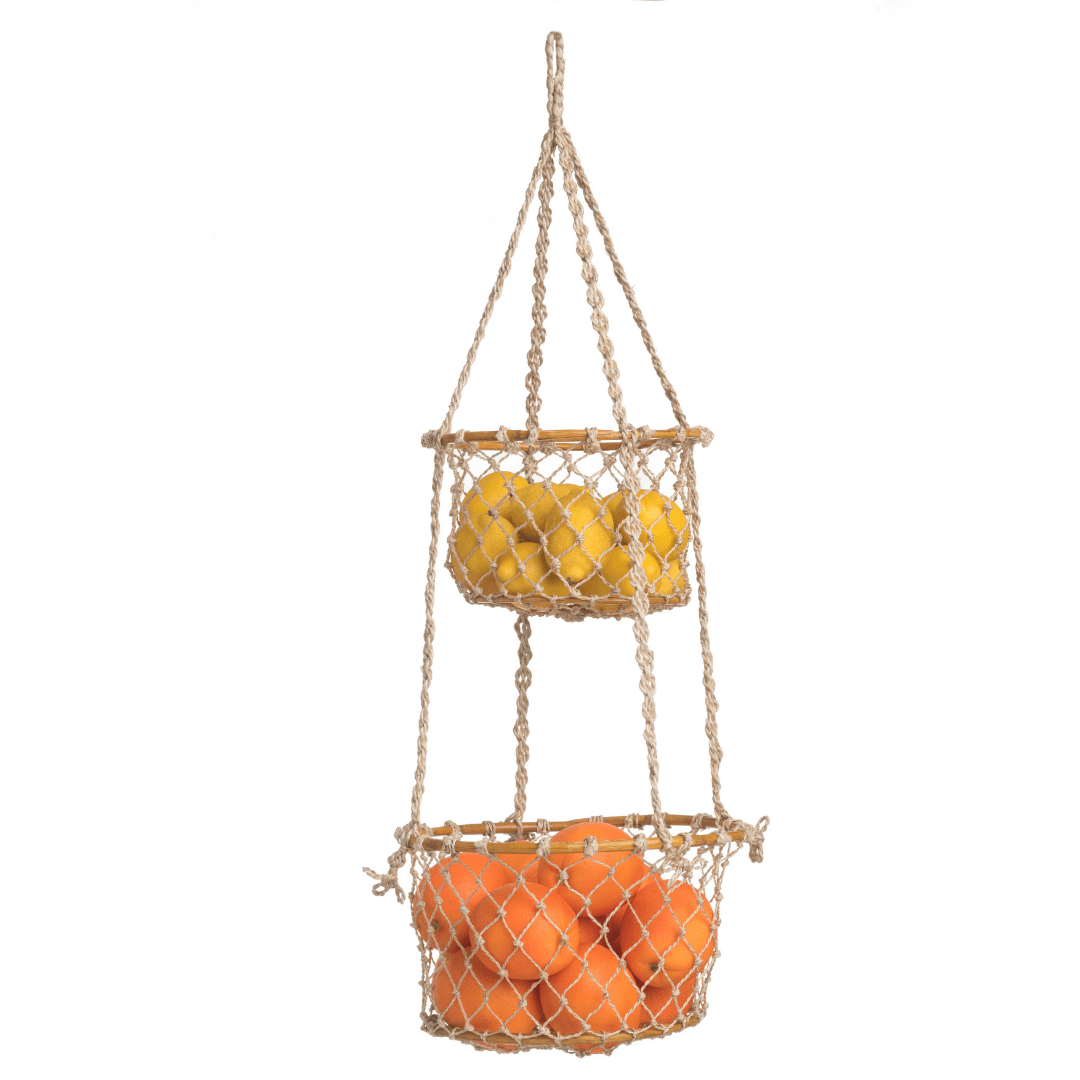 Prairie 2 Tier Jute and Rattan Hanging Storage Basket for Fruits & Vegetables - Floorsome - BASKTPRAIRIE02T - 1 Piece - 
