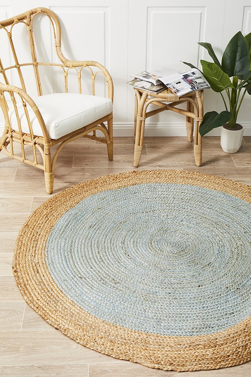Round Jute Natural Rug Blue - Floorsome - Natural