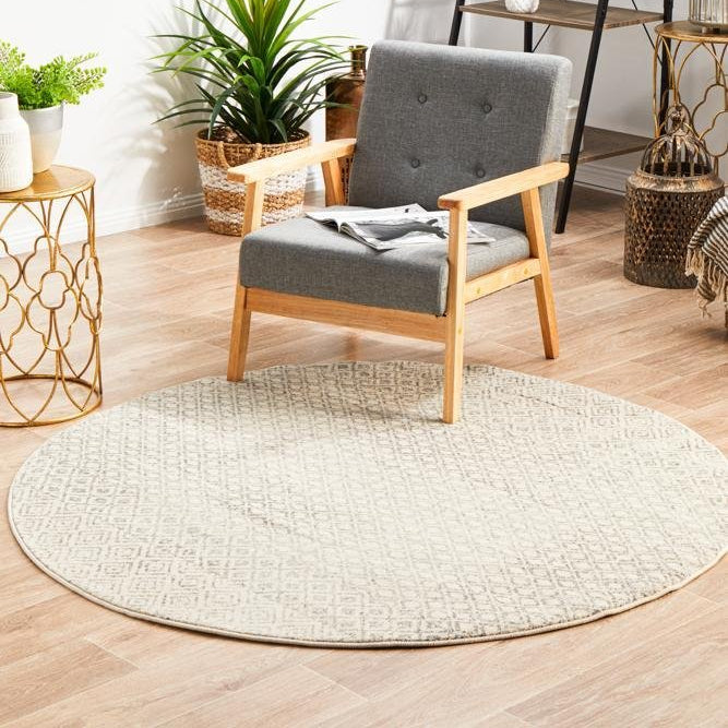 Gray armchair in a room with plants and a round rug