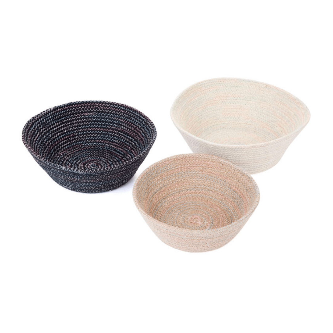 Set of 3 Tazing Modern Handmade Black & White Jute Decorative Fruit Bowls - Floorsome - BASKTAZING00000 - 1 Set - 