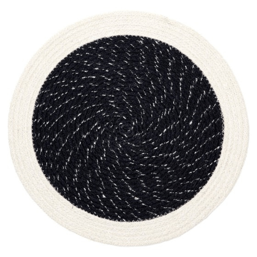 Set Of 4 Rosella Black & Cream Braided 38 cm Jute Round Placemat - Floorsome - PLCMATROSELLA04 - 