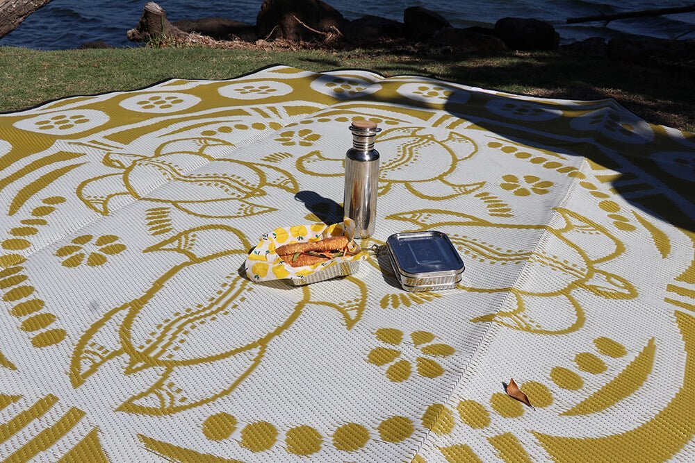 TURTLE SEASON Aboriginal Design Recycled Mat, Mustard & Grey 2.7m - Floorsome - Outdoor Rugs - GKOZ370A - Outdoor Rugs