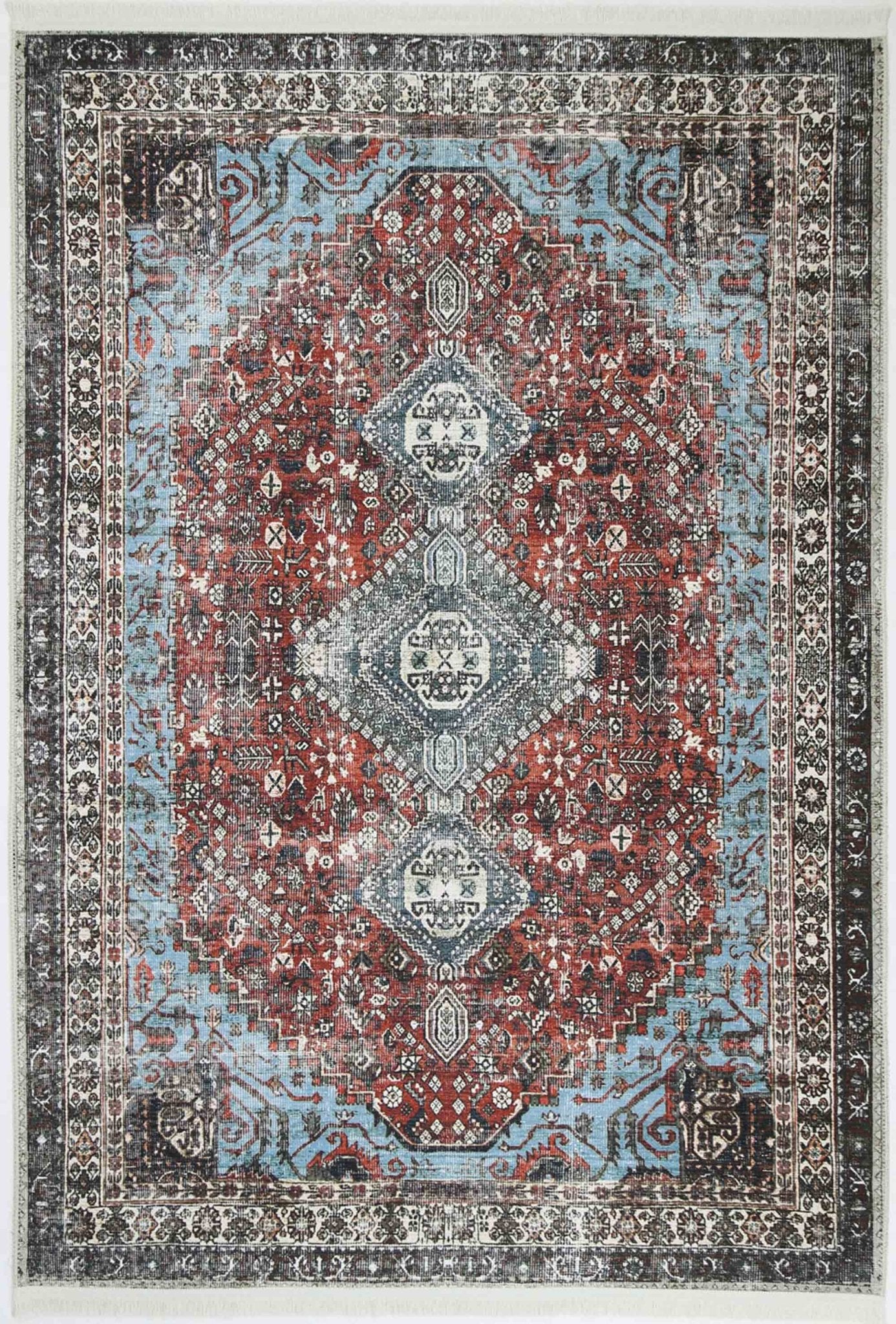 Vital Loane Distressed Vintage Ruby & Sky Blue Rug (Fringe) - Floorsome - Area Rug - VINT280292300 - Area Rug