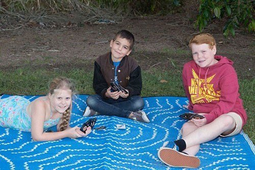 WATER DREAMING Aboriginal Design Recycled Plastic Mat, Blue & White 1.8 x 1.8m - Floorsome - Outdoor Rugs - GKOZ310B - Outdoor Rugs