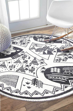 Piccolo Black and White Kids Camping Adventure Kids Rug