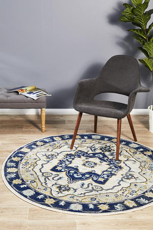 Babil Uruk Bohemian Blue Round Rug - Floorsome