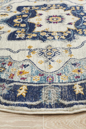 Babil Uruk Bohemian Blue Round Rug - Floorsome