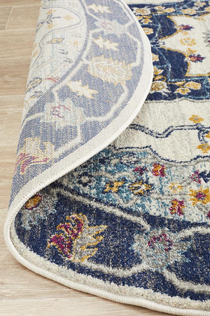 Babil Uruk Bohemian Blue Round Rug - Floorsome