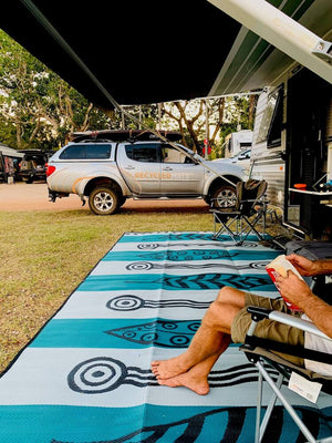 GUM LEAVES & WATERHOLES Aboriginal Design Recycled Mat, Teal, Black and Grey 5x2.4m