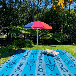GUM LEAVES & WATERHOLES Aboriginal Design Recycled Mat, Teal, Grey & Navy 3x3m