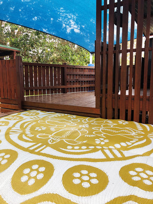 TURTLE SEASON Aboriginal Design Recycled Mat, Mustard & Grey 2.7m