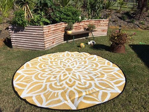 ANCESTRAL CONNECTEDNESS Mandala Design Recycled Plastic Mat, Orange & White 2.4m Diameter - Floorsome