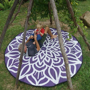 ANCESTRAL CONNECTEDNESS Mandala Design Recycled Plastic Mat, Violet & White 2.4m Diameter - Floorsome