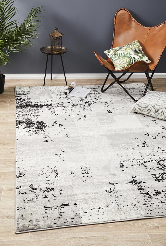 Metro 611 Modern Distressed Rug Grey Black Silver