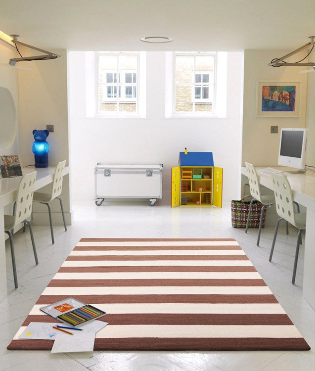 Flat Weave Stripe Light Brown White Rug