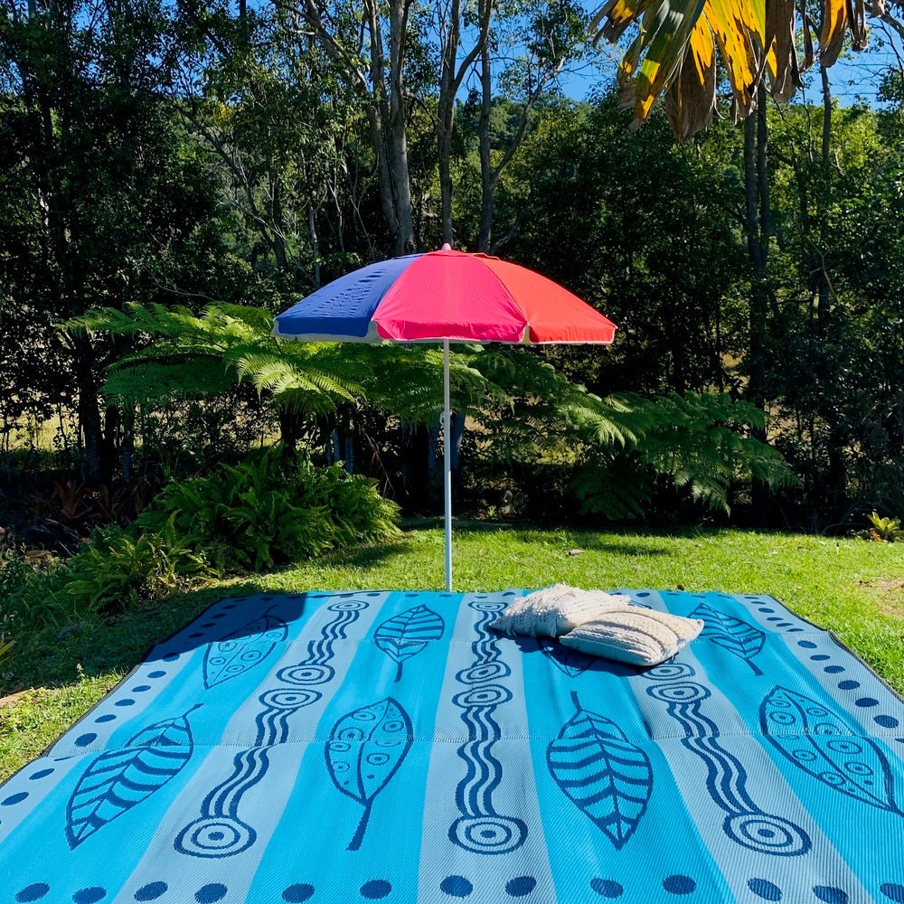GUM LEAVES & WATERHOLES Aboriginal Design Recycled Mat, Teal, Grey & Navy 3x3m - Floorsome - Outdoor Rugs - GKOZ12A - Outdoor Rugs