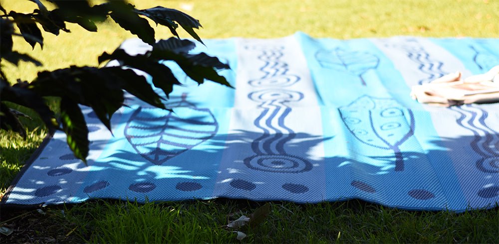GUM LEAVES & WATERHOLES Aboriginal Design Recycled Mat, Teal, Grey & Navy 3x3m - Floorsome - Outdoor Rugs - GKOZ12A - Outdoor Rugs