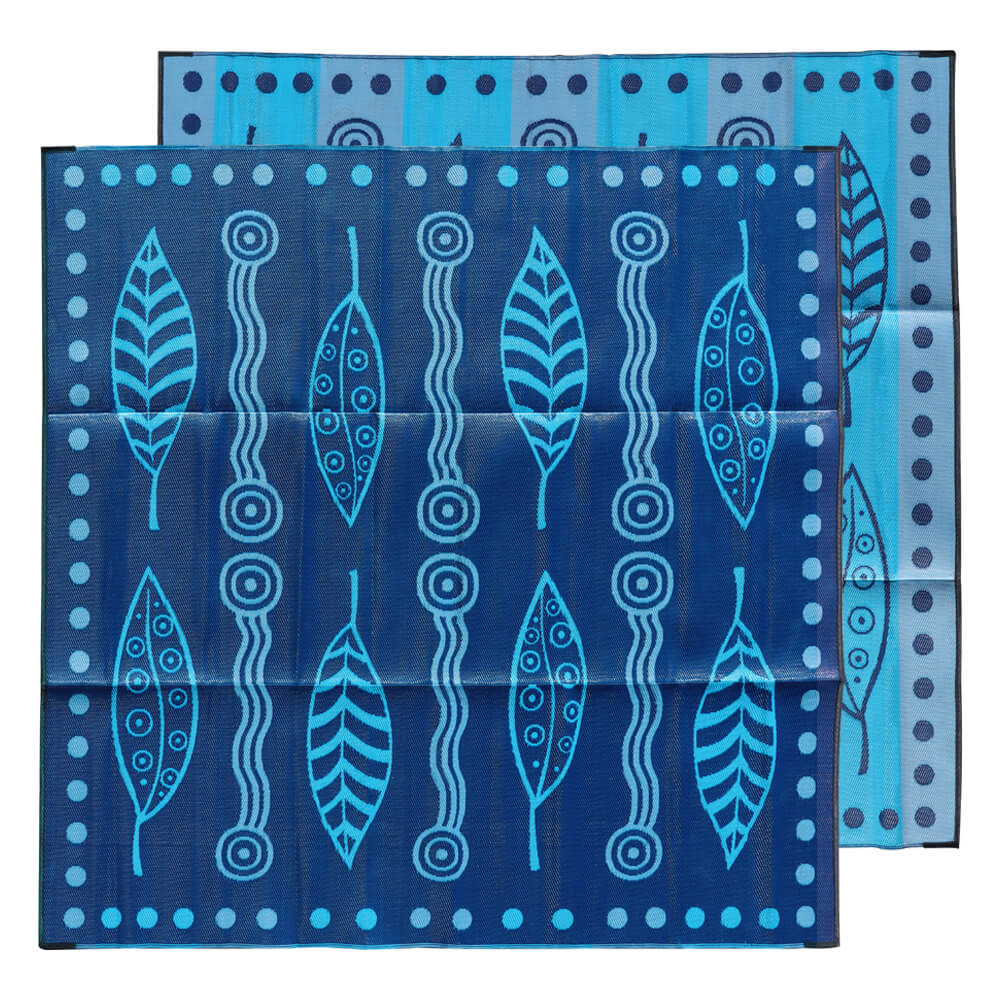 GUM LEAVES & WATERHOLES Aboriginal Design Recycled Mat, Teal, Grey & Navy 3x3m - Floorsome - Outdoor Rugs - GKOZ12A - Outdoor Rugs