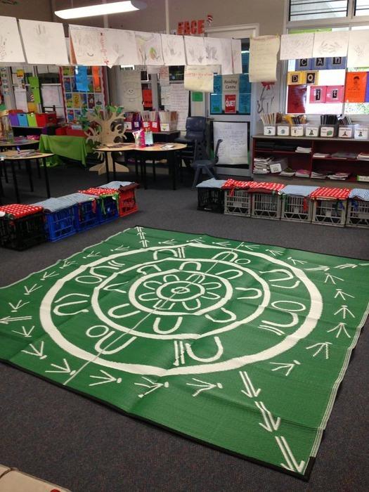 THE YARNING CIRCLE Aboriginal Design Recycled Plastic Mat, Green & White 2.7 x 2.7m - Floorsome - Outdoor Rugs - GKOZ22A - Outdoor Rugs